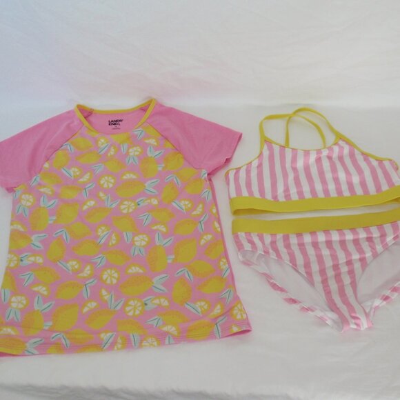 3pc Lands End Mix Match Pink Striped Lemons Bikini Rash Guard Swimsuit Set Sz 14 - Picture 1 of 16